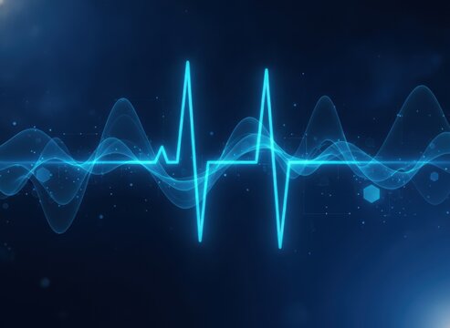 Abstract blue glowing heartbeat line and medical frequency wave on dark background, representing health monitoring and digital cardiology technology, concept of medical monitoring and vital health sig