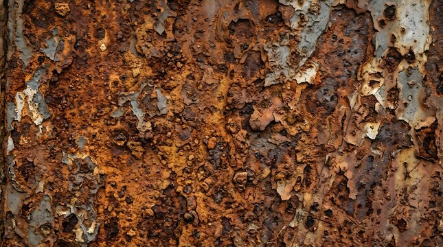 Closeup of heavily rusted metal surface with peeling paint, showing textured corrosion and decay patterns in shades of brown and grey