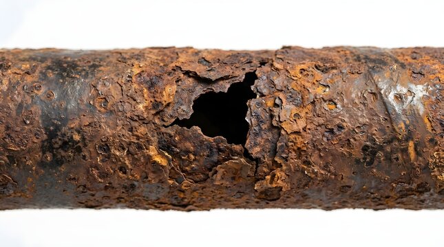 Old rusty metal pipe with corrosion hole isolated on white background
