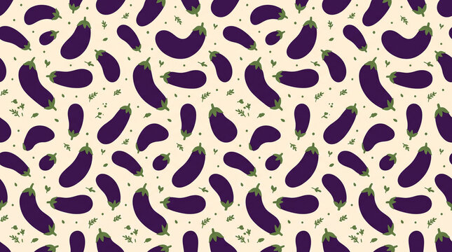 Fresh organic purple eggplants and leaves seamless pattern background