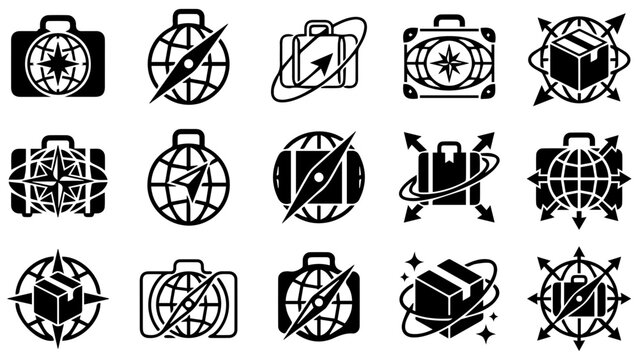 Set of travel suitcase and navigation compass icons in simple black and white vector style