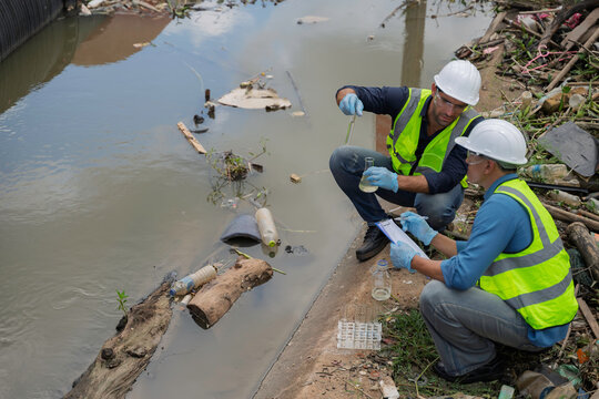 Water quality field inspection as environmental workers collect samples near floating trash, documenting contamination for pollution assessment and environmental research.