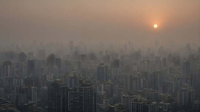 Dense city skyline fading into thick smog with a dim hazy sun, PM2.5 air pollution concept
