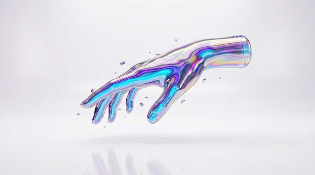 Abstract iridescent hand reaching forward with colorful light trails against a white background