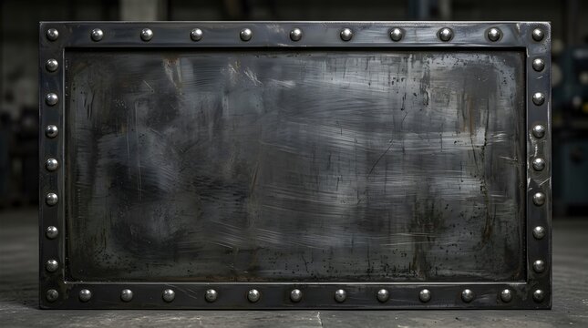 A rectangular industrial metal plate with a riveted frame border, featuring a brushed steel surface texture