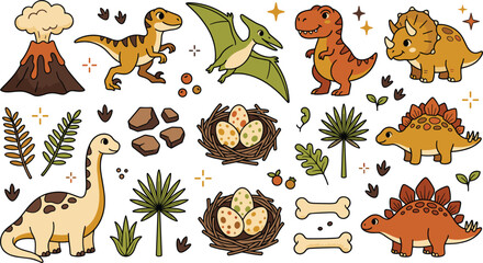Cute Cartoon Dinosaur Character Prehistoric Volcano Nest and Adorable Jurassic Animal Vector Clipart Set © MstBeby