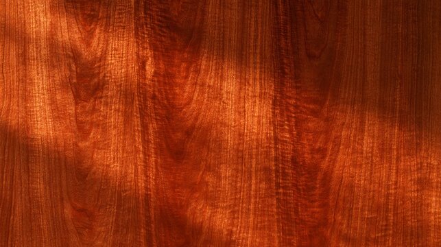 A vertical wall of reddish cherry veneer becomes a luminous modern autumn wood background as late-day sunlight intensifies its copper undertones and reveals subtle waves within the grain