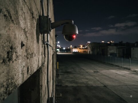 Dome security camera mounted on an old concrete wall at night with a red indicator light and distant city lights, surveillance concept