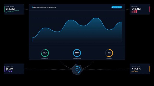 Dark-themed corporate financial reporting dashboard consolidating global revenue, opex, liquidity, and regional data into a centralized intelligence node.