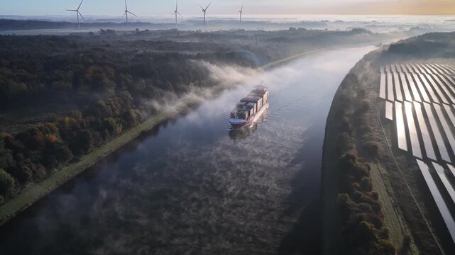 Aerial footage of container ship passing through a landscape with wind and solar energy infrastructure