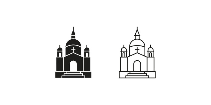 Church building outline icons featuring religious architectural silhouettes for christian community branding and design projects.