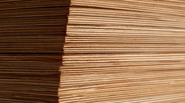 Precisely stacked sheets of plywood expose hundreds of fine alternating layers in a modern autumn wood background focused on craftsmanship, linear texture, and warm contemporary material design