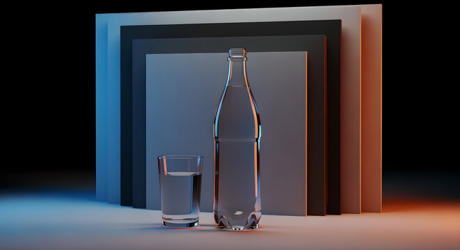 3D artwork clear glass water bottle and drinking glass, minimalist monochrome background, dramatic blue and orange lighting, highlighting purity and modern design