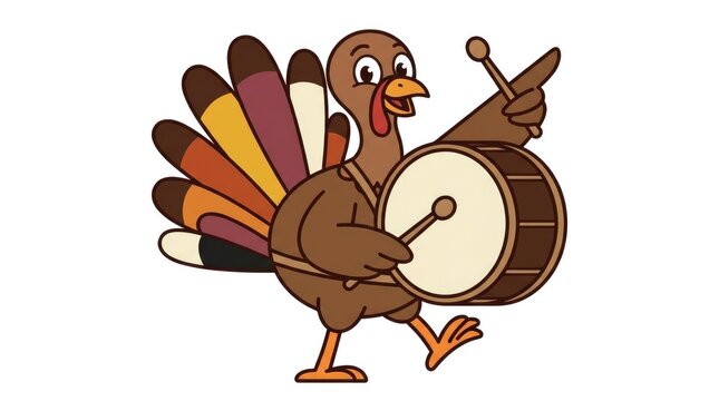 Cute cartoon turkey playing a drum with drumsticks isolated on a white background vector illustration