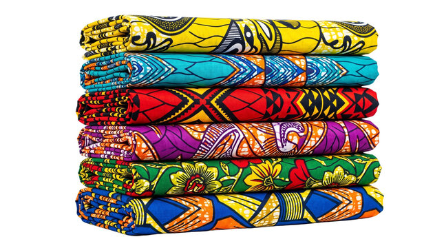 African wax print fabric folded stack, colorful patterned traditional textile rolls, vibrant ankara cotton cloth materials for fashion sewing isolated PNG with Transparent Background