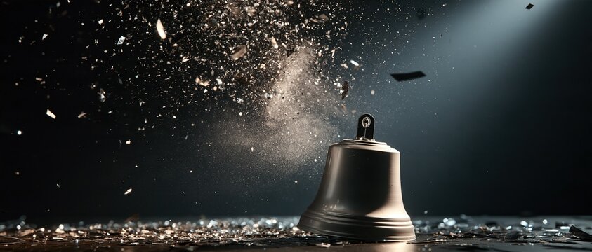 Silver Bell Shattering in Darkened Room, Sparks and Debris Surrounding It.