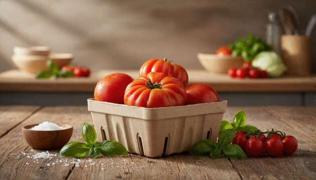Fresh ribbed heirloom tomatoes in rustic packaging on wooden table