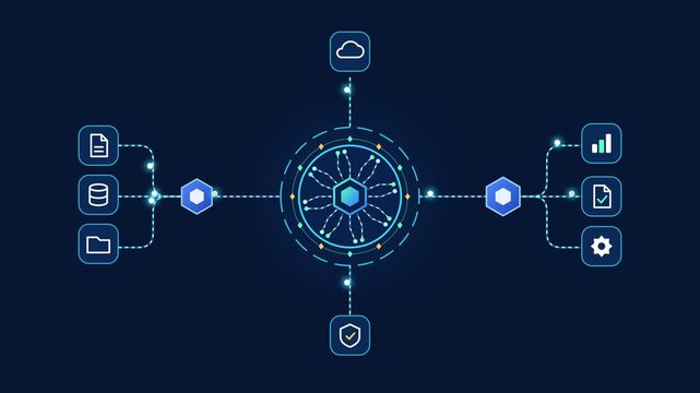 Central database network motion graphic showing interconnected data nodes and digital information flow for enterprise cyber security