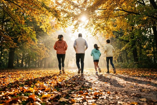 Family of four walking or running together through golden autumn park path with fallen maple leaves, mother father daughter son photographed from behind, lifestyle photography .
