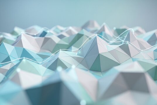 Abstract low-poly triangulated terrain landscape with thin tracking line and data nodes, futuristic analytics concept image