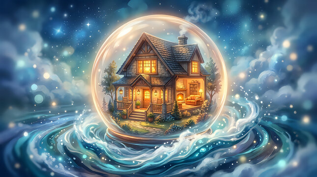 Magical city encased in a bubble surrounded by swirling water and stars