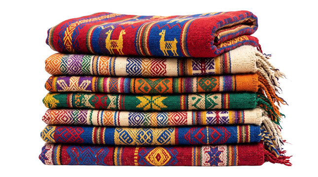Traditional Andean woven blankets stack, colorful Peruvian ethnic fabric textiles, handwoven South American alpaca wool patterned rugs isolated PNG with Transparent Background