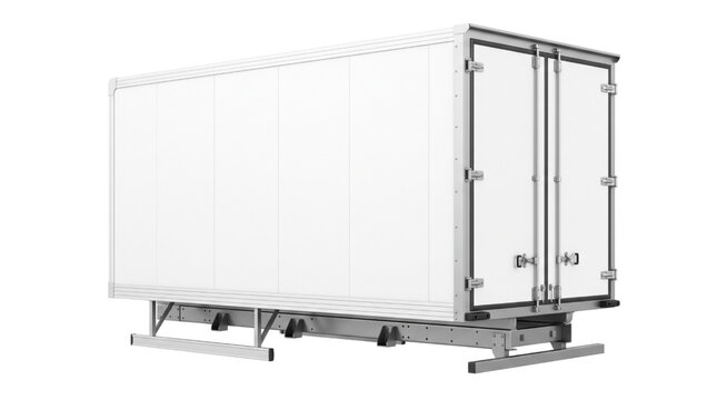 Blank white cargo delivery truck box container unit mockup with rear doors , isolated on transparent background.