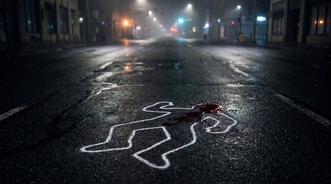 Crime Scene Body Outline on Wet Street at Night After a Murder Investigation
