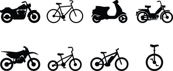 Bicycles Motorcycles and Two Wheeler Transportation Silhouette Vector Icons Set Featuring Cruiser Scooter BMX Electric Bike and Unicycle © SONET
