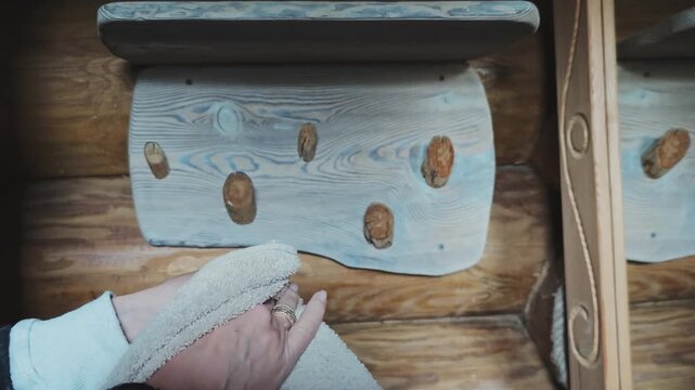 Detailed image captures hands being dried with a soft linen towel in a cozy wooden setting, suggesting a rustic atmosphere like a sauna, banya, or log cabin