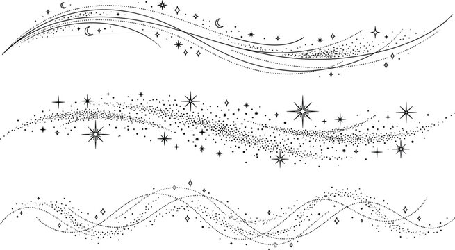 Set of three decorative stardust trails with stars and crescent moons