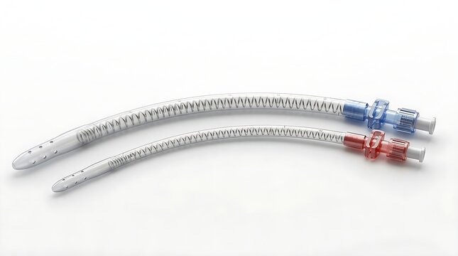 Pair of Reinforced Medical Cannulas with Blue and Red Connectors for ECMO Procedure on White Background