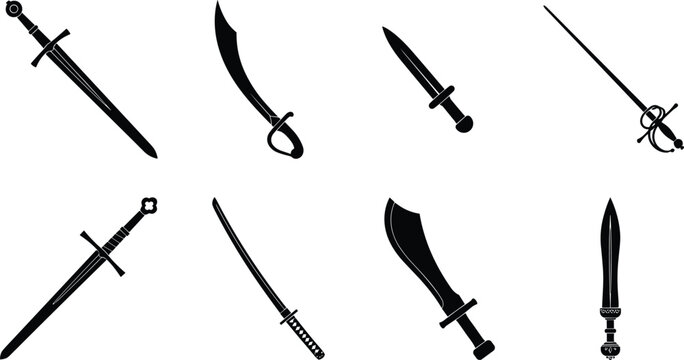 Black Silhouette Medieval Sword Icon Set with Longsword, Saber, Dagger, Rapier, Katana, Machete and Short Blade