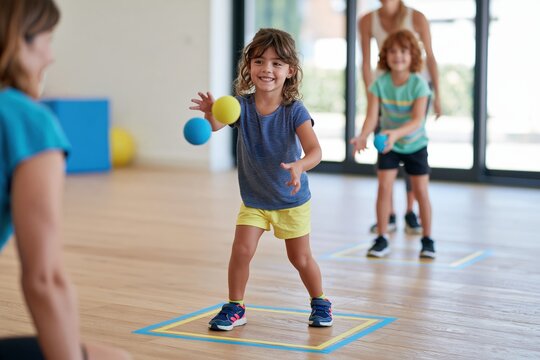 Children practicing coordination drills with foam balls under instructor supervision