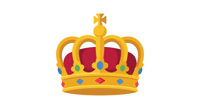 A golden crown with a red velvet cushion and blue gemstone accents is displayed