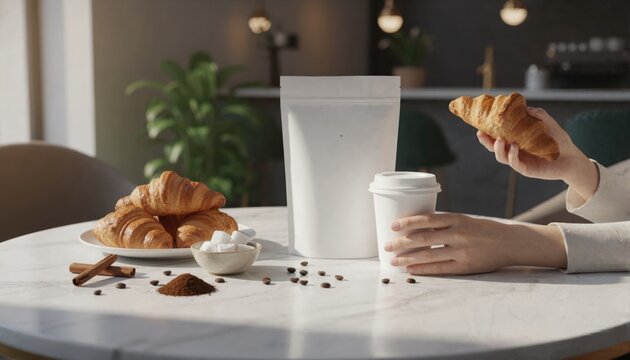 Morning breakfast setting with white coffee packaging and fresh croissants on a marble table
