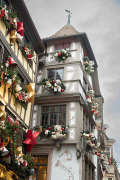 Strasbourg, France - December 24th, 2025: Famous Teddy Bear House decorated with giant Christmas teddy bears, festive lights and New Year ornaments