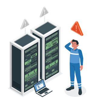 Confused technician fixing server rack in data center isolated on white background, Vector, illustration