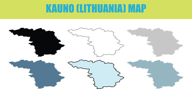 Kauno Lithuania map outlines in various solid colors and grayscale fill styles on a clean white background