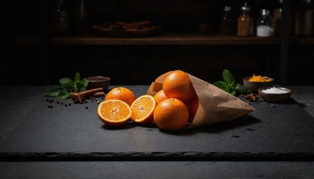 Premium oranges in dark moody artisanal packaging
