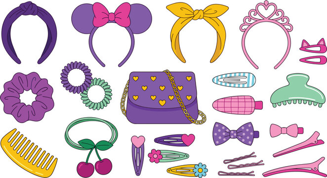 Cute Hair Accessories and Fashion Clipart Set featuring Headbands Scrunchies Bows Hair Clips Comb and Small Purple Purse Vector Illustration for Girls Beauty Design Elements
