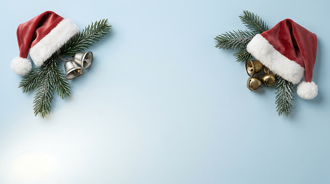 Santa hats pine branches and jingle bells on a pale blue background