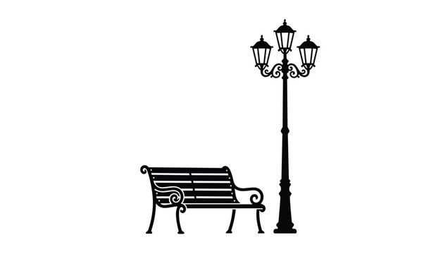 Elegant black silhouette of a vintage park bench standing next to a classic three-headed street lamp post.