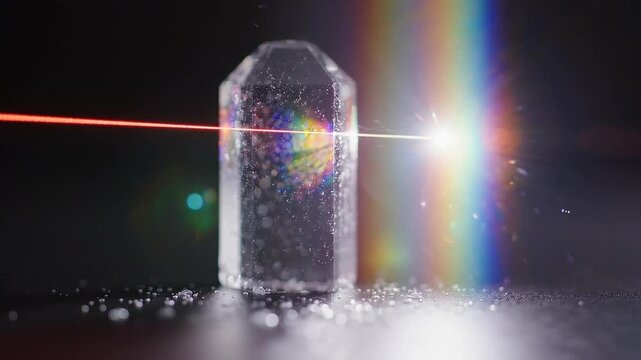 Red laser beam refracting through a transparent crystal prism with colorful light flare and bokeh particles on dark background