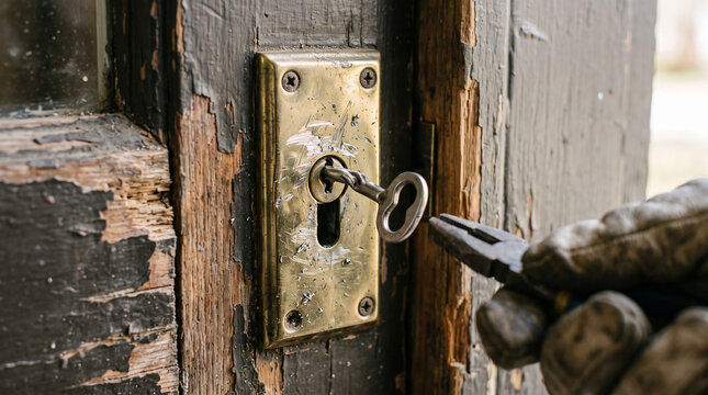 Locksmith wearing work gloves using metal pliers to pull out jammed bent key stuck inside antique brass door lock.   