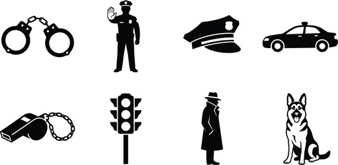 Law Enforcement and Police Security Silhouette Icon Set Featuring Handcuffs Police Officer Hat Patrol Car Whistle Traffic Light Detective and K9 Dog © SONET