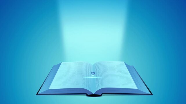 Conceptual motion graphic of a glowing globe emerging from an open book, symbolizing global knowledge, education, information access, digital learning, and a world of knowledge.