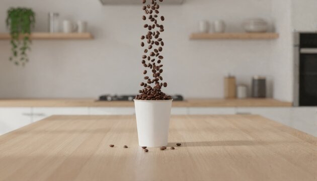 Roasted coffee beans cascading into a white cup on a sunlit minimalist kitchen island