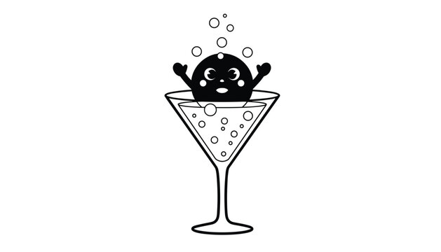 Funny cartoon bubble character bathing in a fizzy martini glass, celebrating cheerfully with arms raised in joy.
