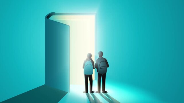 Education motion graphic showing two students with backpacks viewing an illuminated open book, symbolizing access to knowledge, learning opportunities, education technology, and a brighter future.